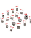 Various metal pinion gears with teeth and diameter measurements, compatible with 2 Pack 12V High Speed Electric Motors For Kids Ride On Toys.