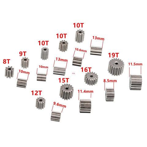 Various metal pinion gears with teeth and diameter measurements, compatible with 2 Pack 12V High Speed Electric Motors For Kids Ride On Toys.