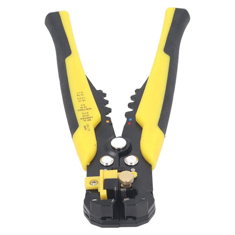 Jauarta 5-In-1 Automatic Wire Stripper Tool for Electricians Heavy Duty Crimper Cutter And Peeler Pliers close up view with yellow grips