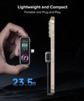 Side view of Magnetic Portable SSD 1TB With Built In Fan, USB 3.2 Gen2 connected to iPhone, highlighting compact design.