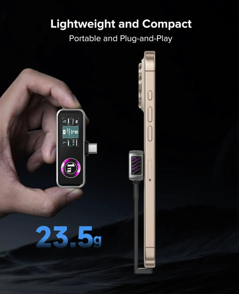 Side view of Magnetic Portable SSD 1TB With Built In Fan, USB 3.2 Gen2 connected to iPhone, highlighting compact design.