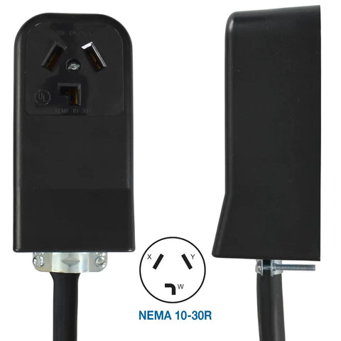 Heavy Duty NEMA 10-30 Dryer Extension Cord, 25 Feet, 30 Amp 125/250 Volts, STW 10/3 Cable showing plug and socket details