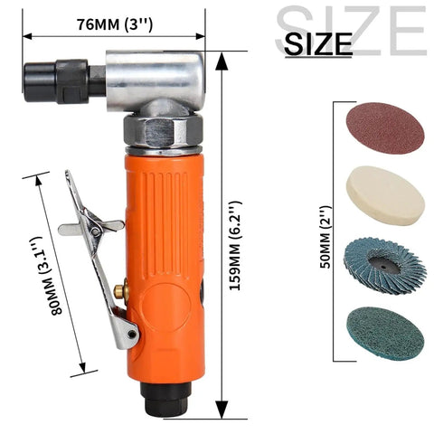 90 Degree Air Angle Die Grinder Quarter Inch Shank 25000 RPM Pneumatic Right Angle Workhorse Heavy Duty Shop Rig with size details