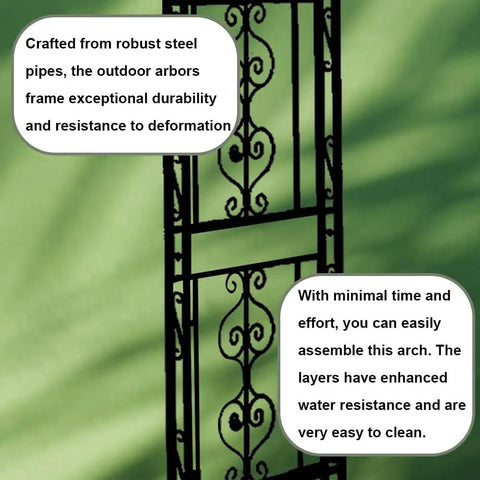 Detail of a sturdy black metal garden arbor trellis for climbing plants and flowers, with ornate decorative pattern.