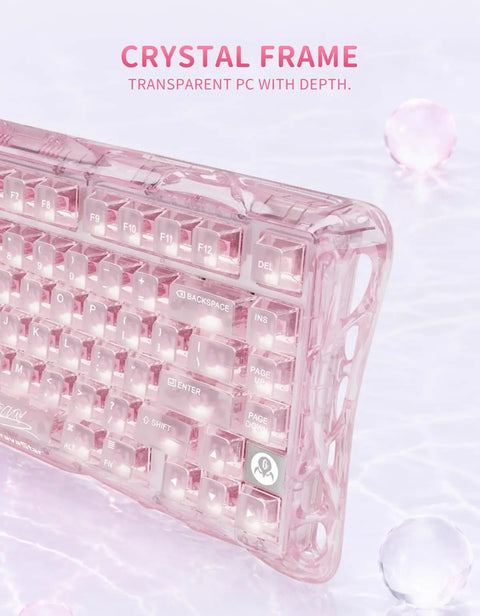 75 Percent Wireless Mechanical Gaming Keyboard With RGB Backlit Transparent PC Chassis Featuring Durable PBT Keycaps close-up shot of pink transparent frame keys