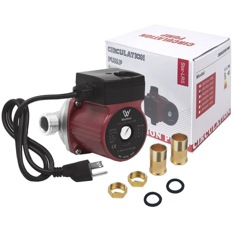 Heavy Duty 304 Stainless Steel Hot Water Recirculating Pump With Three Speed Settings And Full Copper Coil with brass connectors and power cord.