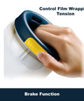 Close-up of hand using Stretch Wrap Dispenser With Brake And Comfort Grip for Easy Pallet Wrapping, Hand Saver tension control feature.