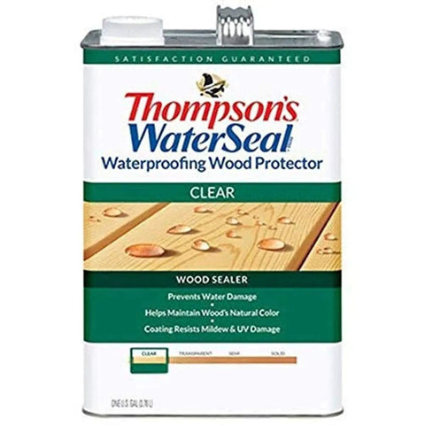 Clear Exterior Wood Protector Sealer With Deep Penetration For Outdoor Projects That Waterproofs And Shields From Rot And Mildew 1.2 Gallon Weather Ready Finish With UV Guard visible in packaging, emphasizing waterproof and mildew-resistant features.
