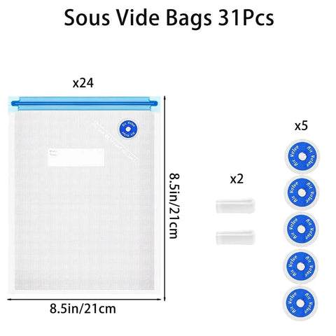 Reusable BPA Free Vacuum Sealer Bags Set With Double Zipper Seal 8.5x8.5 Inches microwave safe shown with clips and air valves
