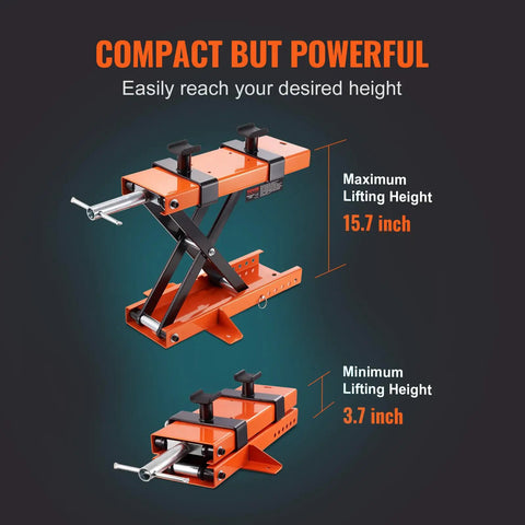 Beefy 1100 Lbs Motorcycle Lift Center Scissor Jack shown with max 15.7 inch and min 3.7 inch height adjustment feature