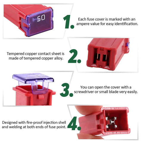 Close-up of Heavy Duty 30 Piece Box Blade Fuse Kit showing fuse cover with amp rating and tempered copper contact sheet.