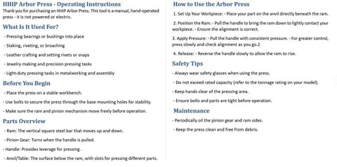 Operating instructions for Professional Two Ton Arbor Press Built Freakin Solid With A Heavy Cast Iron Base And Precision Machined Steel Anvil.