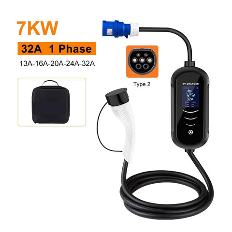 Road Warrior Portable EV Charger 7Kw 32A Electric Vehicle Charging Station with Type 2 connector and user-friendly interface.