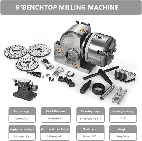 Hella Precise Beefy Five Inch Dividing Head Knocks It Out Of The Park With Tailstock Chuck And Index Plates One To Forty Reduction Ratio Vertical Horizontal Cnc Machining Rig with accessories and specifications.