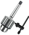 Heavy Duty Drill Chuck One Thirty Second To Five Eighth Inch With MT2 JT3 Shank Keyed For Drill Press And Lathe Spindles Hardened Jaws For Balanced Clamping Built To Last Metalworking Tool Holding Accessory With A Secure Grip That Will Not Slip. keyed drill chuck with MT2 shank and wrench