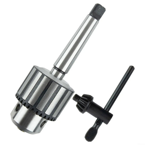 Heavy Duty Drill Chuck One Thirty Second To Five Eighth Inch With MT2 JT3 Shank Keyed For Drill Press And Lathe Spindles Hardened Jaws For Balanced Clamping Built To Last Metalworking Tool Holding Accessory With A Secure Grip That Will Not Slip. keyed drill chuck with MT2 shank and wrench