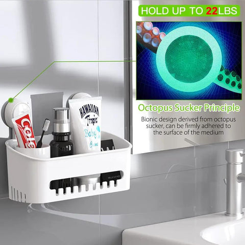 Shower Caddy No Drilling Suction Cup Organizer Removable Heavy Duty Shelf Holds Up To 22 Lbs with toiletries in bathroom