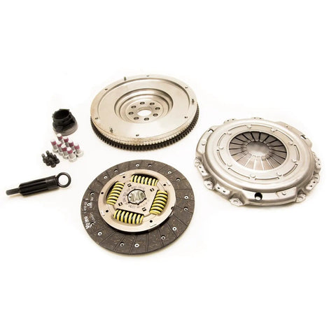 Street Ready Clutch And Flywheel Conversion Kit For BMW 318i 318is 318ti Z3 1991 To 1998 L4 1.9L Engine parts layout with metallic and rubber components.