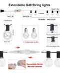 Diagram of 30Ft G40 LED Outdoor String Lights With 24 Color Changing Options And 128 Modes, showing bulb, connector details.