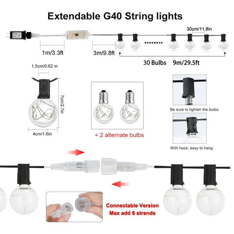 Diagram of 30Ft G40 LED Outdoor String Lights With 24 Color Changing Options And 128 Modes, showing bulb, connector details.