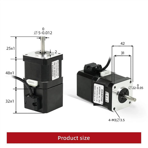 Front and side views of two 42 brake NEMA17 stepper motors, 12V, 4‑lead, 52 N·cm torque.