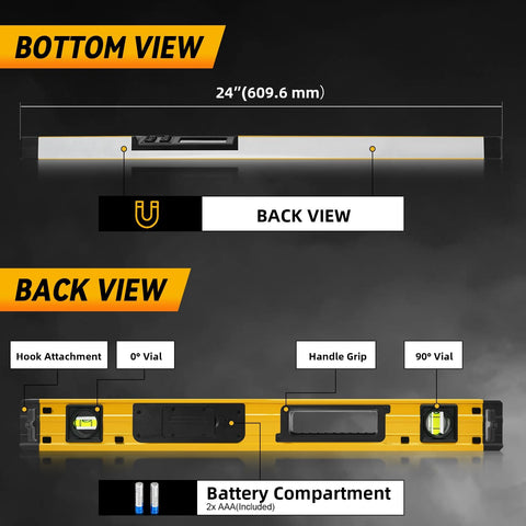 Back view of 24 Inch Digital Level Featuring A Slick LCD Display And Kickass Magnetic Back That Delivers Dang Precise Angle Readings For Tough DIY Renovation Projects And Daily Trade Work.