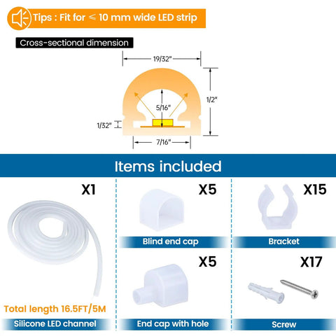 Image showing items included in 16.5 Ft Silicone LED Channel With Diffuser IP67 Waterproof Flexible Bendable For Neon LED Strips Up To 11 Millimeters Wide Ideal For Under Cabinet Cove Lighting And Accent Installations With Dope Light Diffusion USC2 5M, including channels, brackets, and end caps.