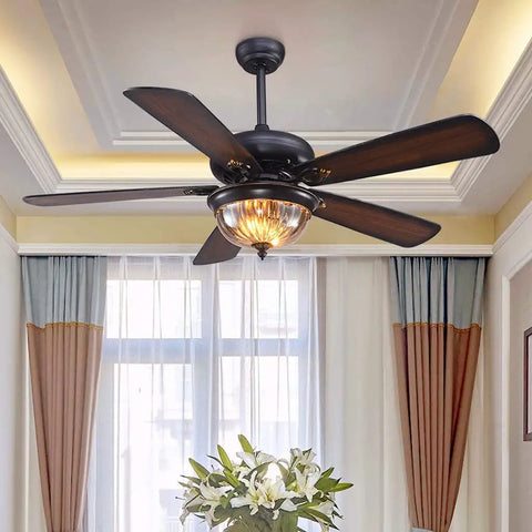 Classic Antique 42 Inch Ceiling Fan With Remote And Led Light For Indoor Outdoor Spaces features dark wooden blades and a glass light.
