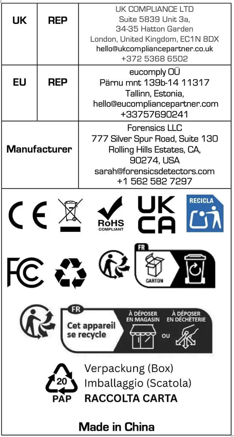 Compliancy and certification labels for Sewer Gas Leak Detector Pro Grade With 20 Year Japanese Sensor packaging