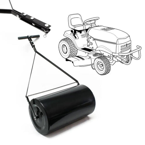 Tow Behind Lawn Roller With 14 By 24 Inch Poly Drum 16 Gallon Water Filled Capacity Easy Turn Tethered Plug Rust Resistant Iron