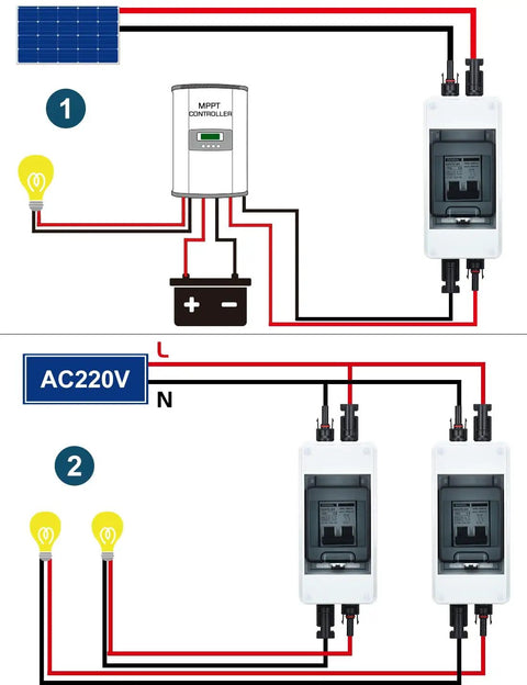 Diagram showing installation of 15 Amp Solar DC Disconnect Switch Outdoor Breaker Box With IP65 Waterproof UV Resistant PC Shell.