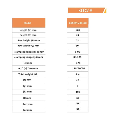 Specifications of Dead Nuts Precise Self Centering Vise For Five Axis CNC Machines with dimensions and clamping ranges.