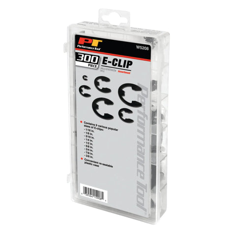 W5208 300 Piece E Clip Assortment Kit with resealable case shown in packaging, ideal for automotive and hardware projects.