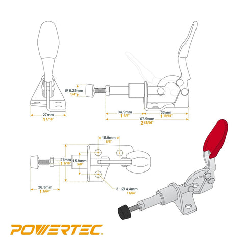 Diagram of Dual Toggle Clamp 100 Lb Quick Release Push Pull Clamp for woodworking jigs, featuring red handle and detailed measurements.