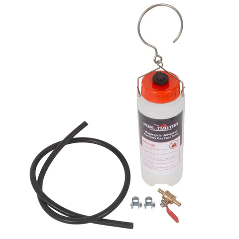 Motorcycle Auxiliary Fuel Tank 500ml With Vent For Small Engine Work And Carburetor Tuning Must Have Handy Gas Tank For Quick Engine Testing Before Final Assembly, showing a white container with red vented cap, hose, and fittings.