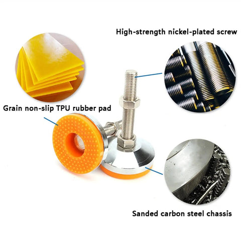 4 Pcs Heavy Duty Adjustable Leveling Feet For Furniture And Tables, M12 Orange Bottom Feet With Lock Nuts, 150mm Height, Beefy Sturdy Support For Shelves, Stop Wobble, Reduce Vibration, Easy Install. Nickel-plated carbon steel foot with orange TPU pad