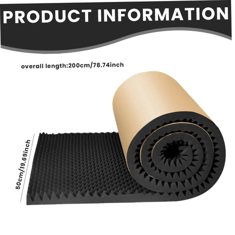 Rock Solid Self Adhesive Acoustic Foam Panels for Car and Studio Sound Dampening 2Cm Thick Echo Reducing Pads 79X20 Cm rolled foam panel with black texture.