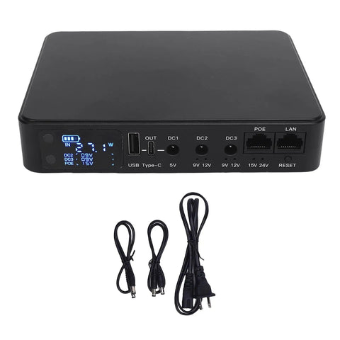 Mini Ups Battery Backup With 10400mAh Capacity For Routers Modems And Security Cameras Features PoE 15V 24V Output And Multiple USB Ports, showing device ports and LCD readout.