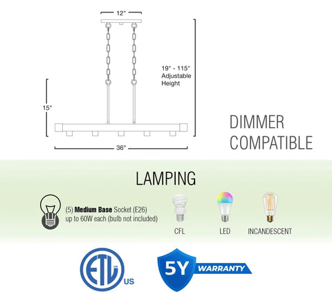 Product diagram for 36 Inch Rustic Kitchen Island Light With 5 Lights, Linear Metal Frame, Hickory Wood Look And Black Finish, showing dimensions and bulb types.