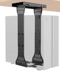 Heavy Duty Under Desk PC Mount With Adjustable Computer Tower Stand showing sleek black frame clamped onto white computer tower.