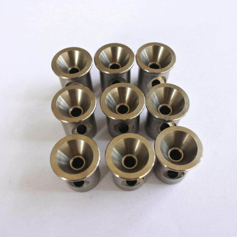Top-down view of 12 stainless steel waterjet mixing chambers for cutting machines