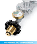 Stanbroil horizontal propane regulator with gauge and P.O.L tank connection; brass gauge housing, black adjustment knob