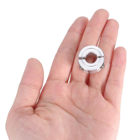 Two Pack Double Split Clamp On Shaft Collar For 3/8 Inch Shaft, 7/8 Inch Outer Diameter, 11/32 Inch Thick Aluminum Alloy With Set Screw in hand