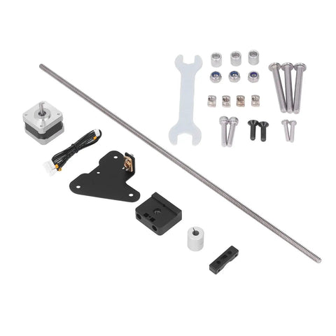 CR 10 Dual Z Axis Upgrade Kit with 515mm lead screw, 42 stepper motor, aluminum coupling, and metal components displayed