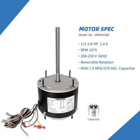 Beefy Condenser Blower Motor One Third To One Sixth HP 1075 RPM 208-230V 2A 48Y Frame Replaces ORM5458 with capacitor shown