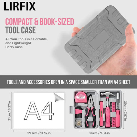 Mini Compact Pink 24 Piece Household Tool Kit With Soft Grip Handles And Slick Carry Case Super Handy DIY Repair Set For Women in portable case.