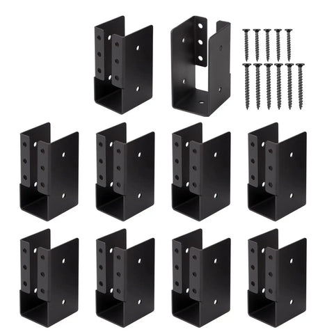 High Performance 2X4 Concealed Joist Hangers With Hardware, Rust Resistant Carbon Steel Swing Brackets For Deck Rails And Fences, Built Like A Tank For Stress Free Backyard Builds - Set of black brackets with screws.