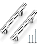 Five Pack Polished Chrome Round T Bar Cabinet Pulls, 4 Inch Total Length, 2-1/2 Inch Hole Centers, 12mm Diameter, 32mm Projection with screws