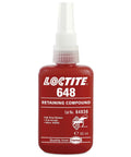 648 Retaining Compound Green 50 mL Bottle Heavy Duty Industrial Strength Bond For Interference Fits On All Metals Including Stainless Steel That Stays Put And Tolerates Minor Oil Contamination. red Loctite 648 retaining compound 50 mL bottle