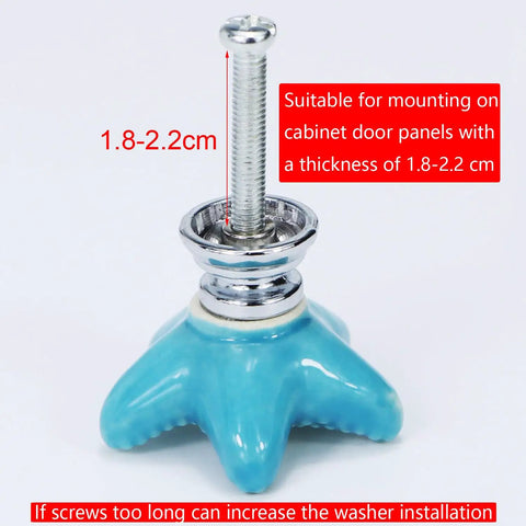 Four Pack Starfish Drawer Knobs Set, Coastal Ceramic Cabinet Hardware In Ocean Blue, Durable Zinc Alloy And Ceramic Build, Beachy Ocean Vibe Themed Kitchen Dresser Drawer Knobs For Cabinets. Ocean blue starfish knob with screw, 1.8-2.2 cm panel fit